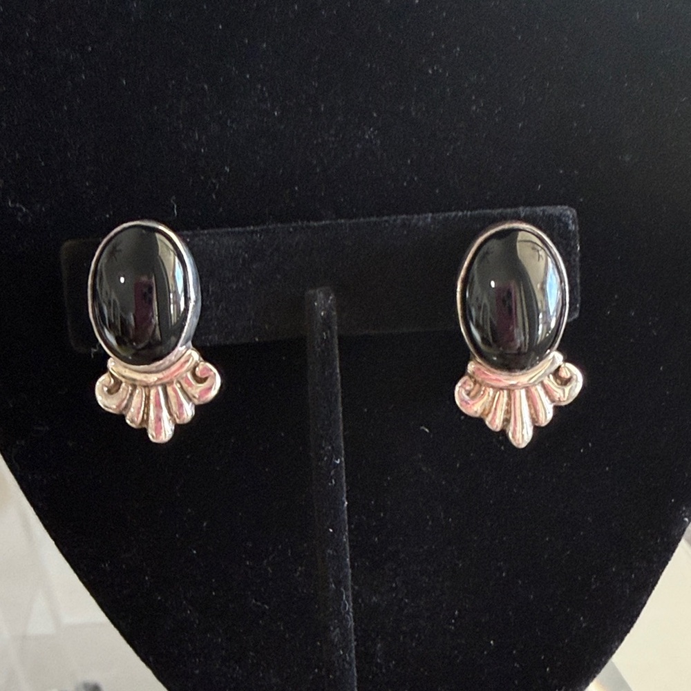 Classic Black Onyx Silver Clip Earrings